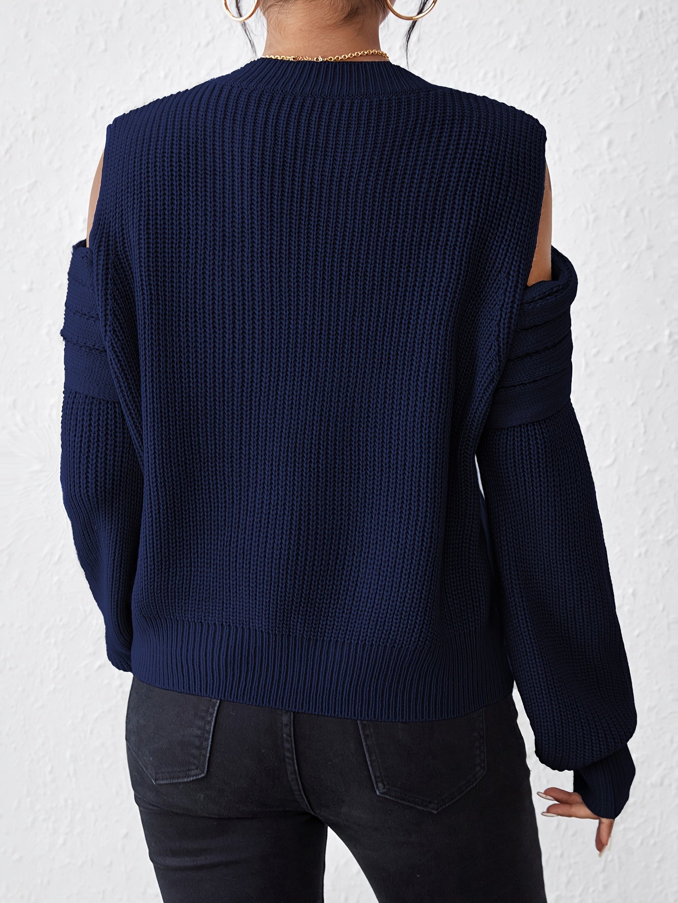 Elegant Cold Shoulder Solid Knit Sweater, Casual Crew Neck Long Sleeve Sweater, Women's Clothing