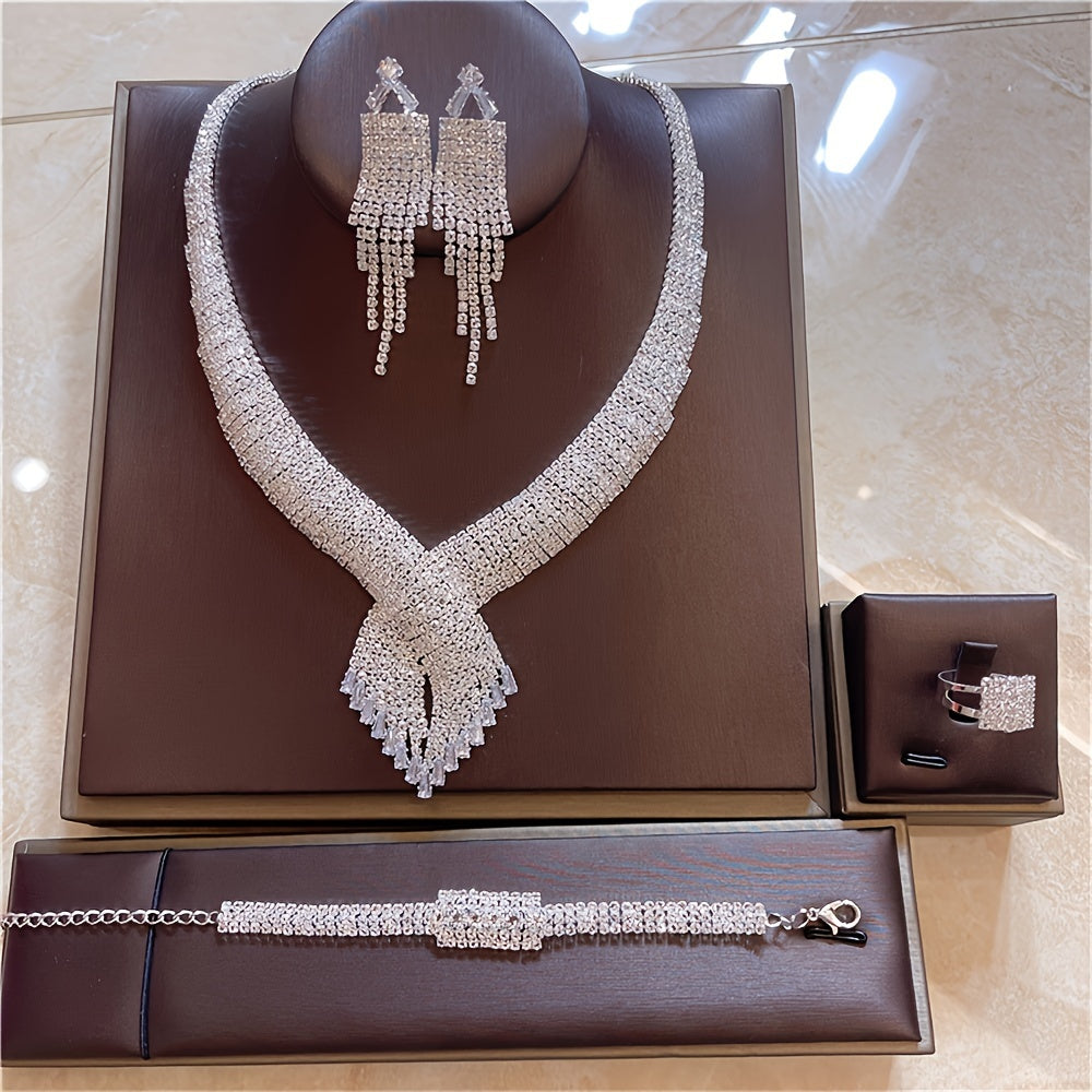Sparkling Jewelry Set Artificial Crystal Rhinestone Decor Full Rhinestone Necklace Bracelet Ring And Earrings Set Party Banquet Bridal Wedding Jewelry Set Gifts For Eid - Veloxea
