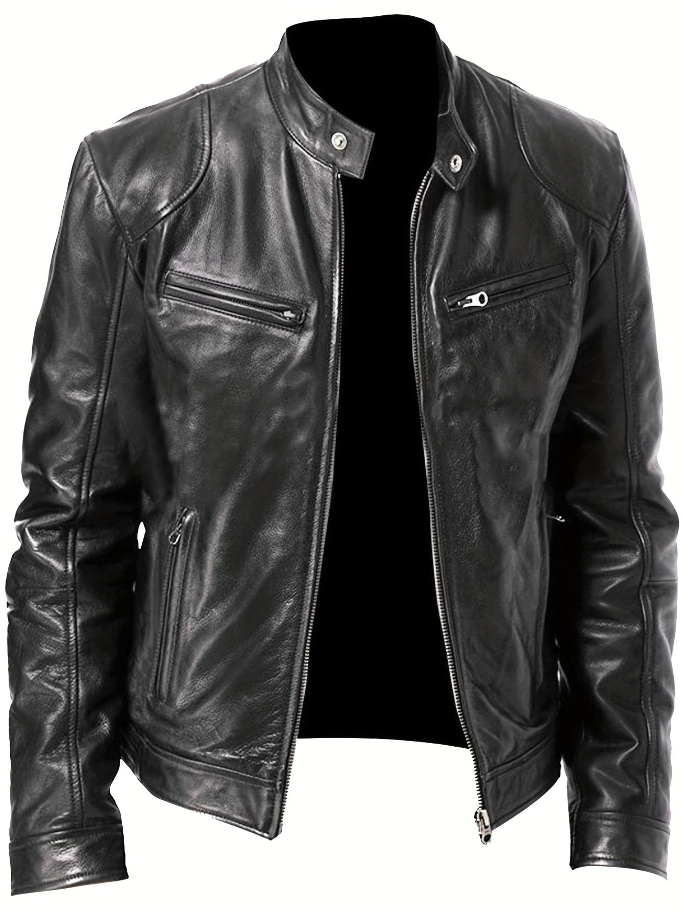 2023 Autumn And Winter New Zipper Cardigan Pocket PU Leather Small Stand Collar MotorcycleJacket Coat Men's Coat - Veloxea