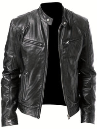 2023 Autumn And Winter New Zipper Cardigan Pocket PU Leather Small Stand Collar MotorcycleJacket Coat Men's Coat - Veloxea