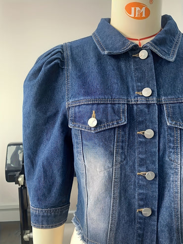 Women's Elegant Solid Color Cropped Denim Jacket With Puff Sleeves, Frayed Hem, Fashion Outerwear For Casual And Street Style - Veloxea