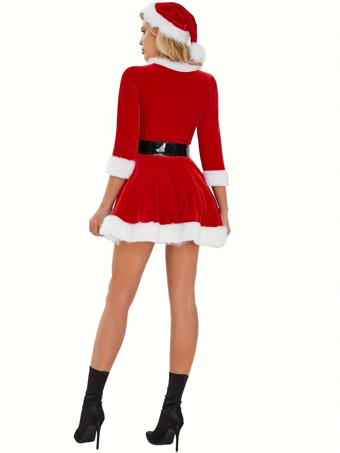 Faux Fur Decor Contrast Trim Dress, Vintage 3/4 Sleeve Aline Swing Dress Up Christmas Dress, Women's Clothing - Veloxea