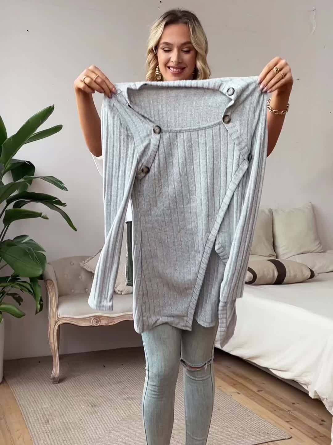 Button Decor Asymmetrical Hem T-Shirt, Casual Ribbed Long Sleeve Top For Spring & Fall, Women's Clothing - Veloxea