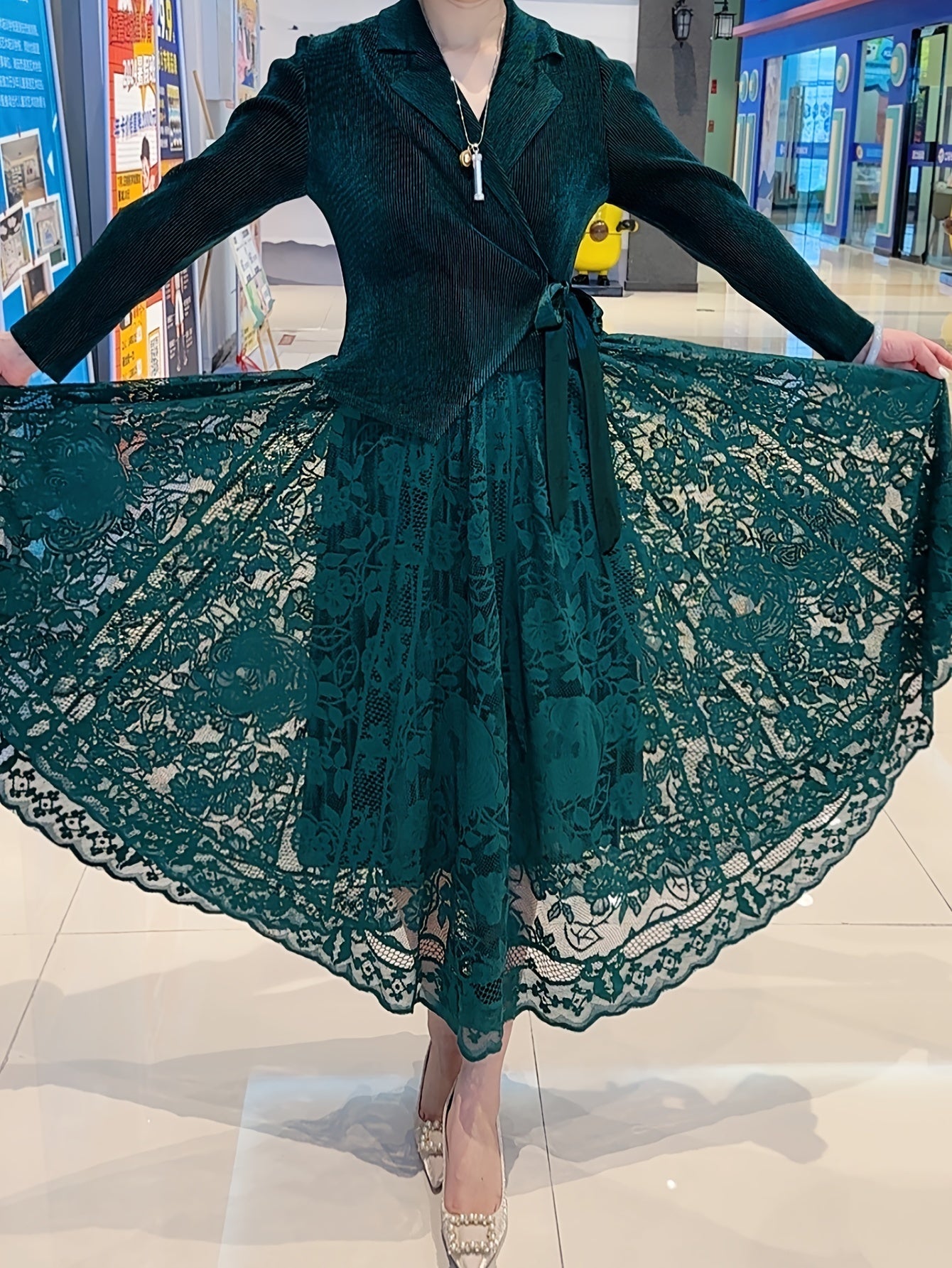 Elegant Plus Size Lace Contrast Midi Dress with Lapel Collar and Long Sleeves - High Stretch Polyester Fabric, Flared Hem