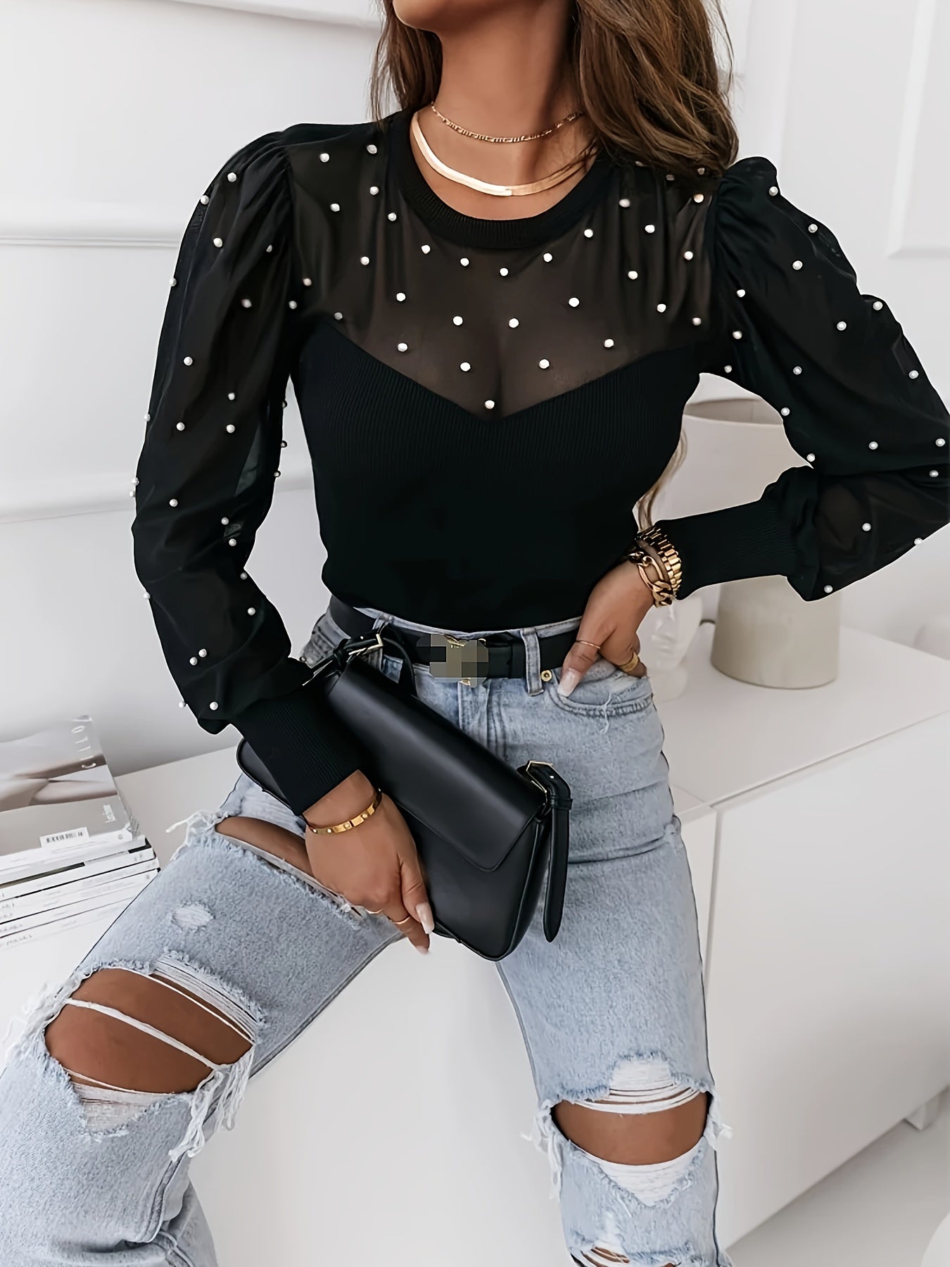 Illusion Neckline Beaded T-Shirt, Stylish Puff Sleeve Top For Spring & Fall, Women's Clothing - Veloxea