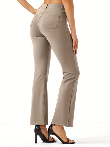 Women's Yoga Dress Work Pants Lightweight Slacks Stretch Casual Office Flare Pants Wide Leg With Belt Loops 4 Pockets - Veloxea