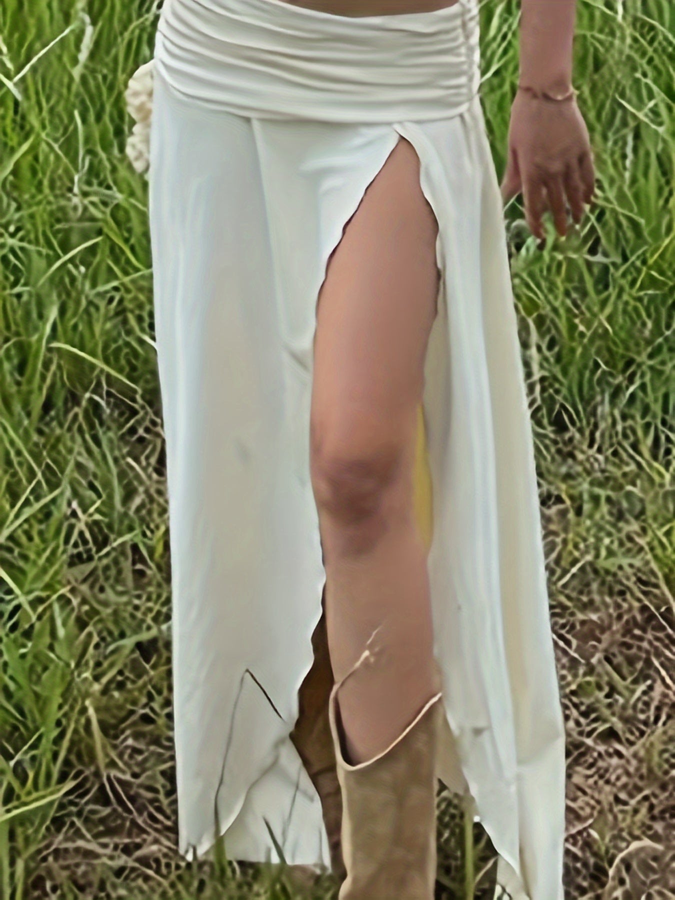 Women's Summer Low Waist Skirt Solid Color Ruched Waist Side Split Long Skirt for Travel, Beach - Veloxea