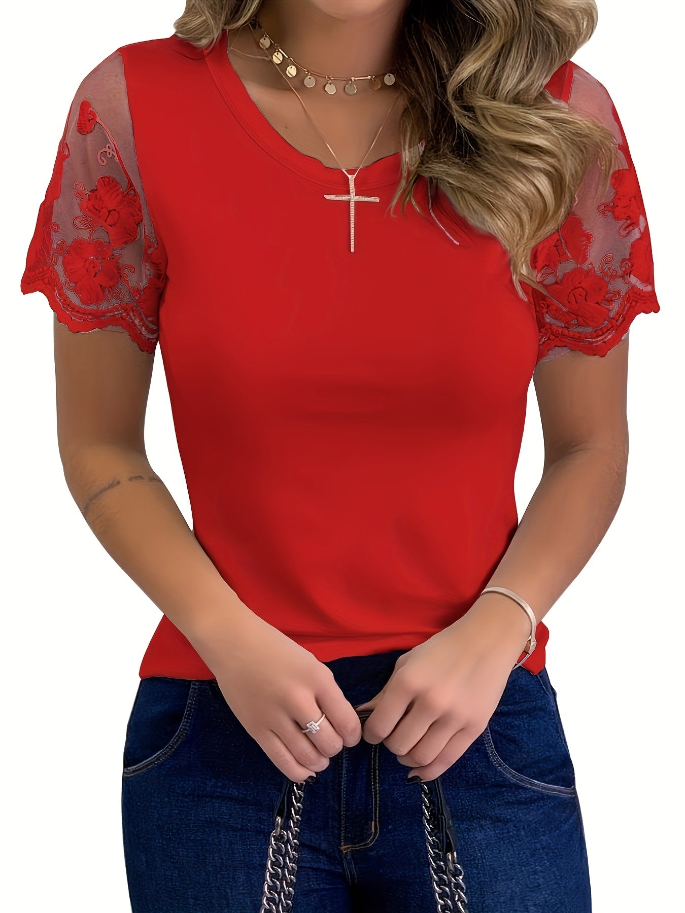 Women's T-Shirt Elegant Lace Short Sleeve Cut Out Crew Neck Loose Casual Summer T-Shirt