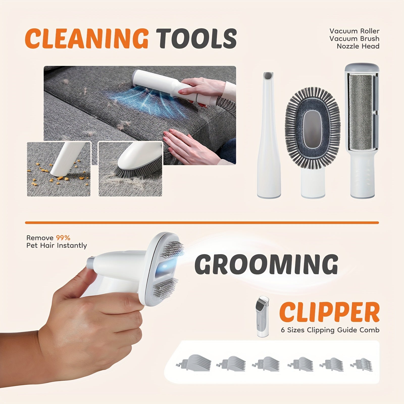 Vacuum Grooming Kit 5 in 1, Pet Vacuum Trimming Set, Strong Sunction Power 99% Pet Hair with Nozzle Head, Roller Brush Tools - Veloxea