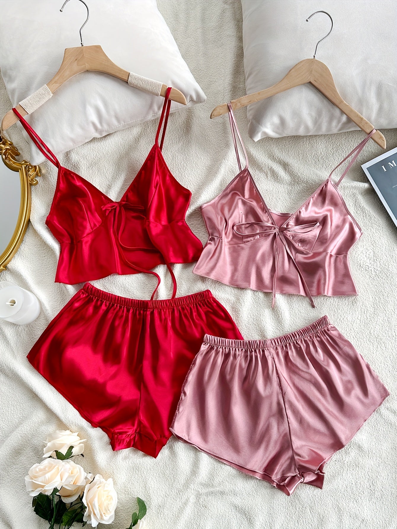 2 Sets Women's Elegant Solid Satin Pajama Set, Bow Tie Front V Neck Crop Cami Top & Shorts, Comfortable Relaxed Fit, Summer Nightwear - Veloxea