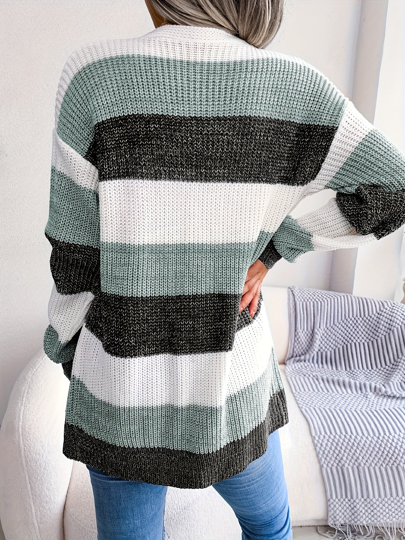 Striped Color Block V-neck Cardigan, Casual Loose Drop Shoulder Long Sleeve Knit Cardigan For Fall & Winter, Women's Clothing - Veloxea