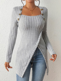 Button Decor Asymmetrical Hem T-Shirt, Casual Ribbed Long Sleeve Top For Spring & Fall, Women's Clothing - Veloxea