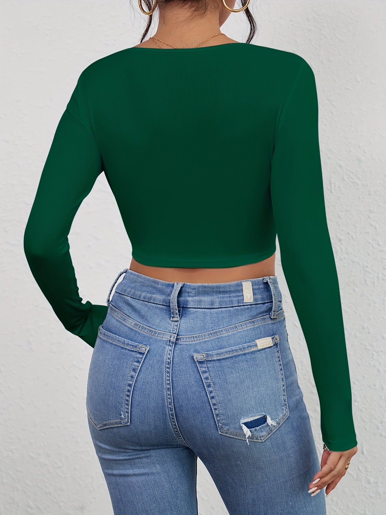 Squared Neck Cropped T-shirt, Casual Long Sleeve Solid T-shirt, Women's Clothing - Veloxea