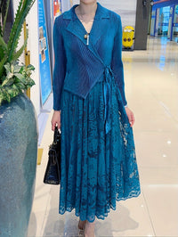 Elegant Plus Size Lace Contrast Midi Dress with Lapel Collar and Long Sleeves - High Stretch Polyester Fabric, Flared Hem
