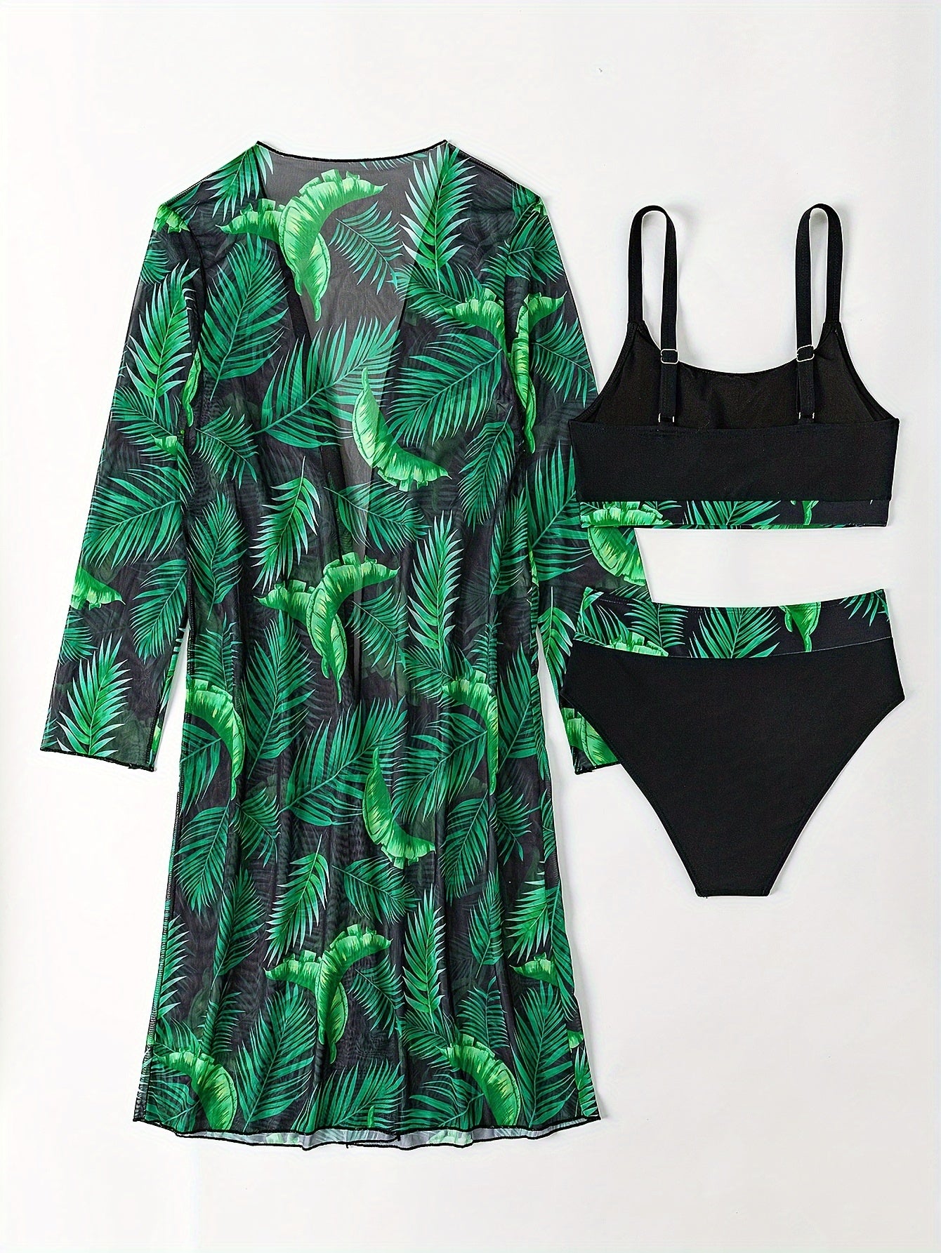 Tropical Leaf Print Stretchy 3 Piece Set Bikini With Long Sleeve Kimono, Scoop Neck Contrast Band Stylish Swimsuits, Women's Swimwear & Clothing For Holiday - Veloxea