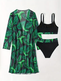 Tropical Leaf Print Stretchy 3 Piece Set Bikini With Long Sleeve Kimono, Scoop Neck Contrast Band Stylish Swimsuits, Women's Swimwear & Clothing For Holiday - Veloxea