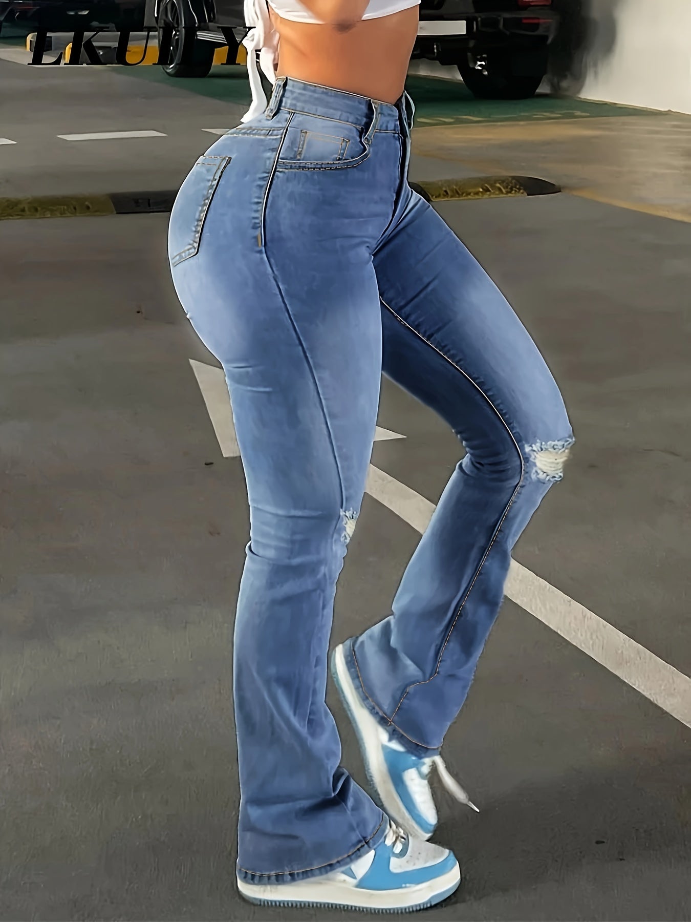 High Rise Ripped Knees Wide Legs Flare Jeans, Slim Fit High Waist Washed Black Denim Pants, Women's Denim Jeans & Clothing