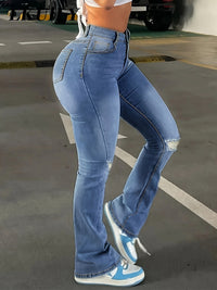 High Rise Ripped Knees Wide Legs Flare Jeans, Slim Fit High Waist Washed Black Denim Pants, Women's Denim Jeans & Clothing