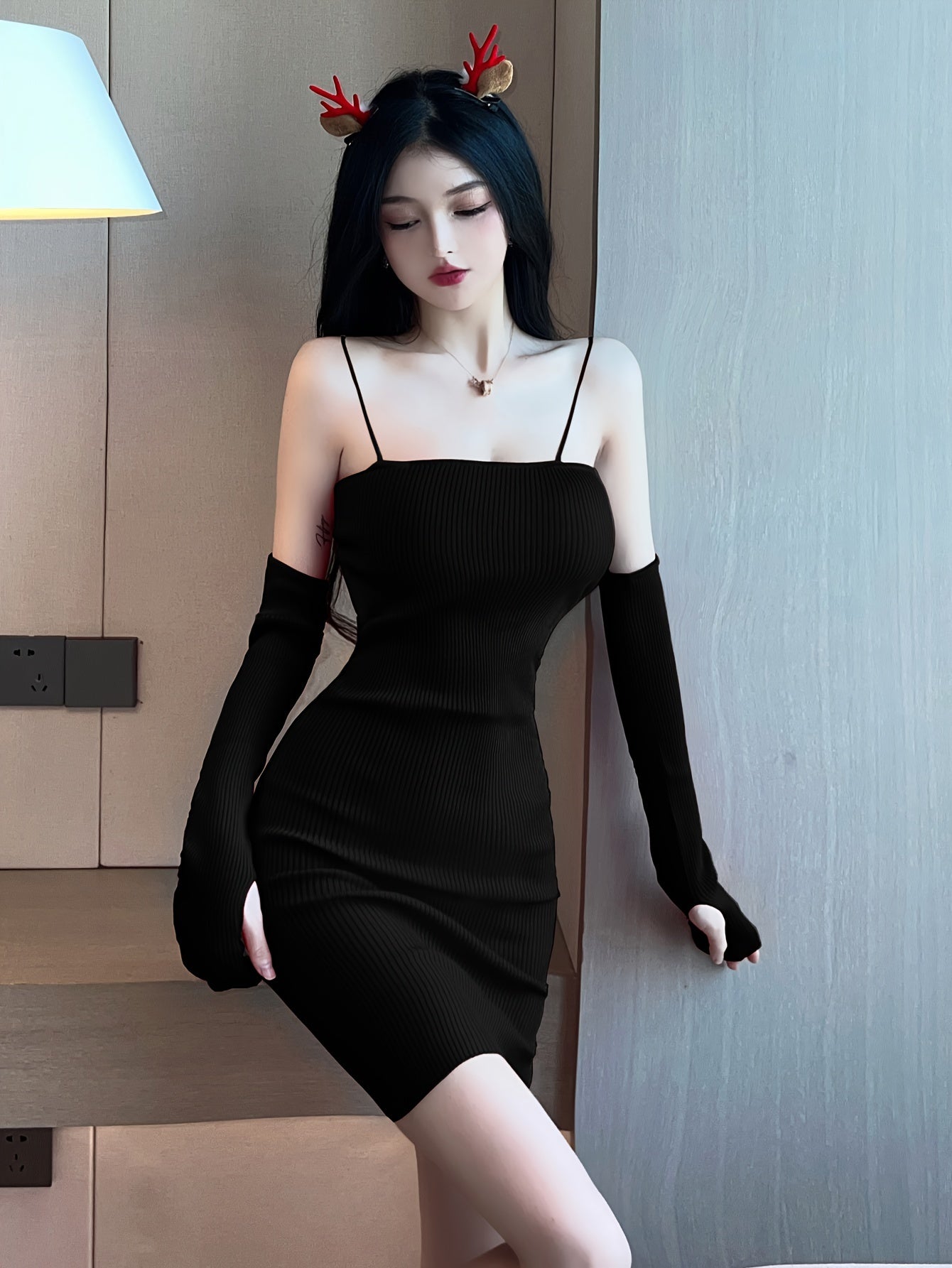 Cami Dress Matching Halfsleeve Knit Fingerless Gloves, Sexy Spaghetti Strap Bodycon Knitted Mini Dress, Women's Clothing