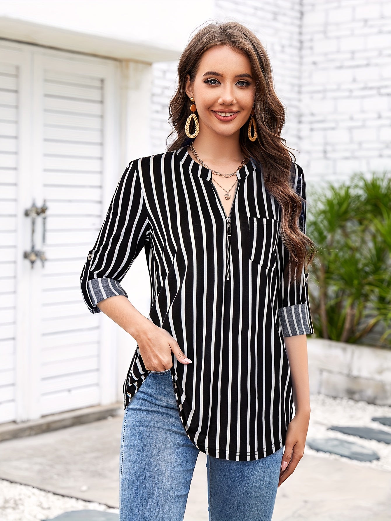 Striped Print Zip Front Blouse, Casual Long Sleeve Top For Spring, Women's Clothing - Veloxea