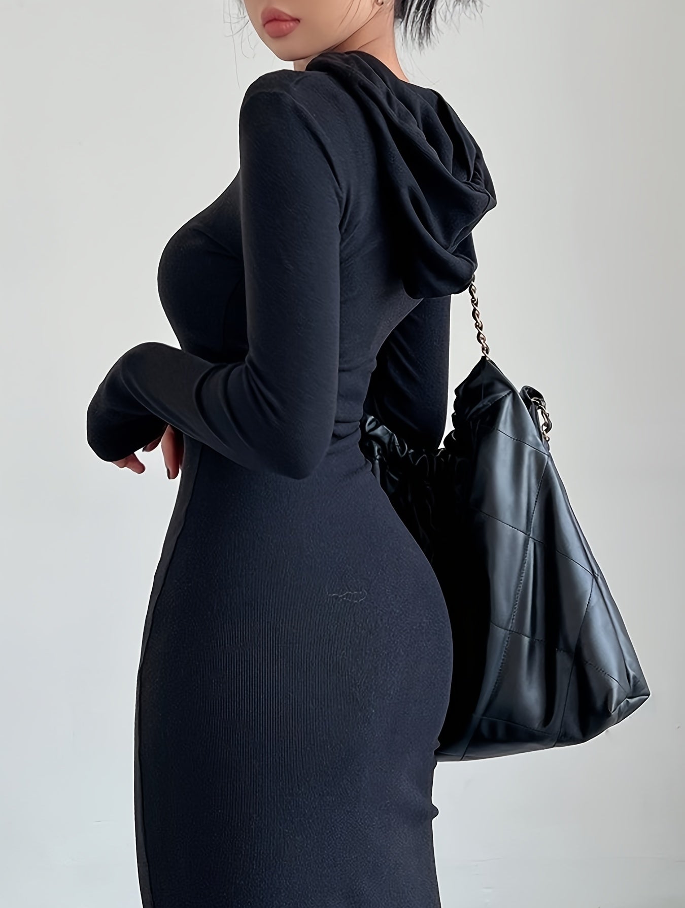 Drawstring Hooded Dress, Casual Long Sleeve Bodycon Dress, Women's Clothing