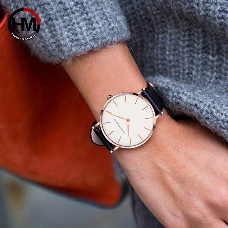 Hannah Martin Japanese Movement Quartz Watch Casual Round Pointer Analog PU Leather Wrist Watch