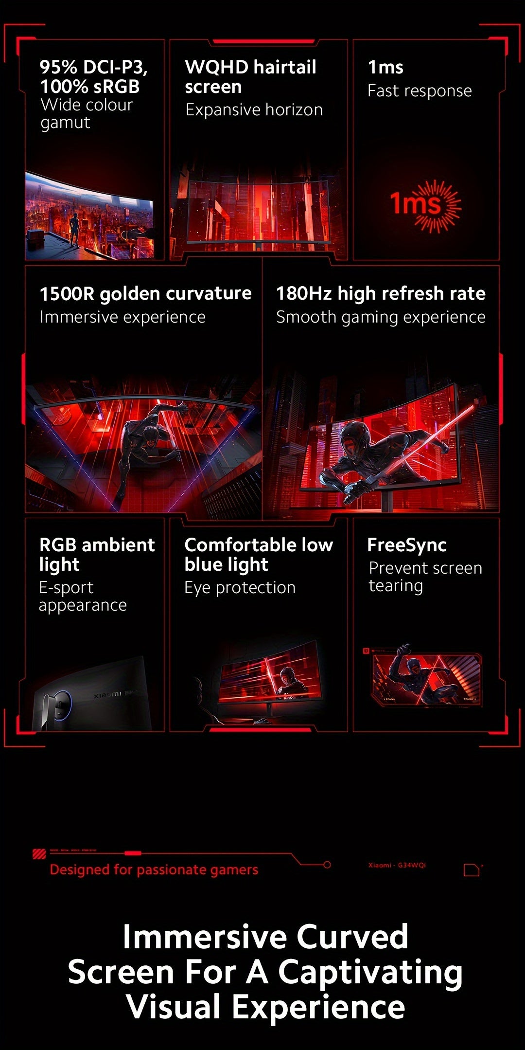 Xiaomi 34-inch Curved Gaming Monitor 180Hz High Reshed Rate 1ms Fast FreeSync Premium E<2* Professional Calibration 95%DCI-P3 100% SRGB* Low Blue Light Computer Screen Monitor Desktop Monitor - Veloxea
