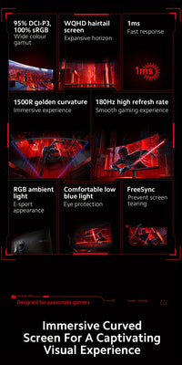 Xiaomi 34-inch Curved Gaming Monitor 180Hz High Reshed Rate 1ms Fast FreeSync Premium E<2* Professional Calibration 95%DCI-P3 100% SRGB* Low Blue Light Computer Screen Monitor Desktop Monitor - Veloxea