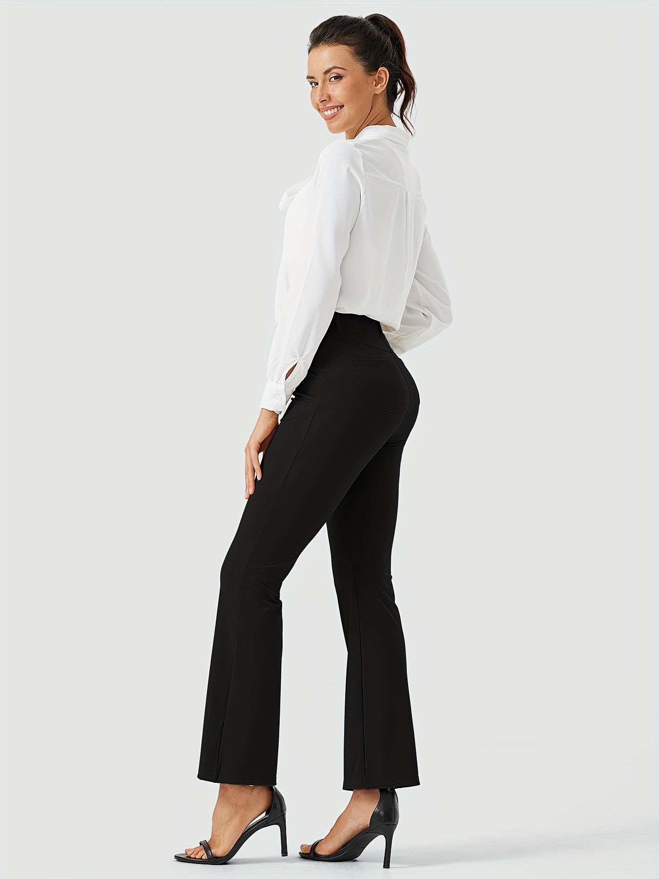 Women's Yoga Dress Work Pants Lightweight Slacks Stretch Casual Office Flare Pants Wide Leg With Belt Loops 4 Pockets - Veloxea