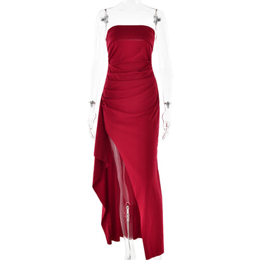Strapless Split Long Dress Summer Fashion Pleated Bridesmaid Dress For Womens