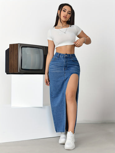Women's High-Waisted Split Denim Skirt, Sexy Long Plain Maxi Jean Skirt With Side Slit, Vintage Style Fashion, Casual Streetwear - Veloxea