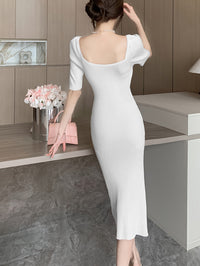 Button Detail Bodycon Knitted Dress, Elegant Short Sleeve Dress For Spring & Summer, Women's Clothing