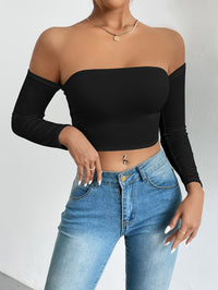 Solid Color Off-shoulder Crop Top, Sexy Long Sleeve Slim Top, Women's Clothing - Veloxea