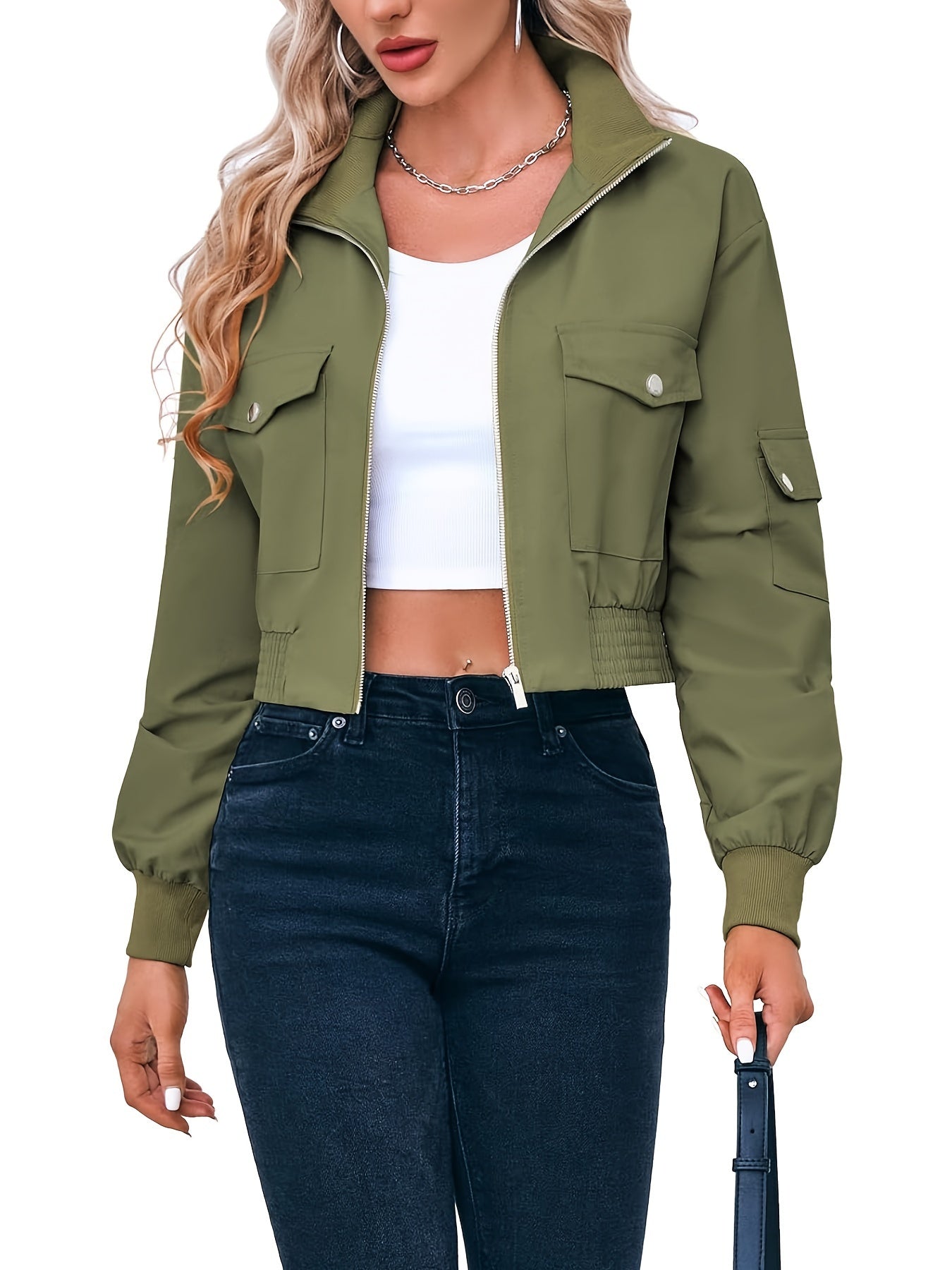 Solid Color Zipper Front Jacket, Casual Lapel Neck Flap Pockets Long Sleeve Button Decor Jacket For Spring & Fall, Women's Clothing