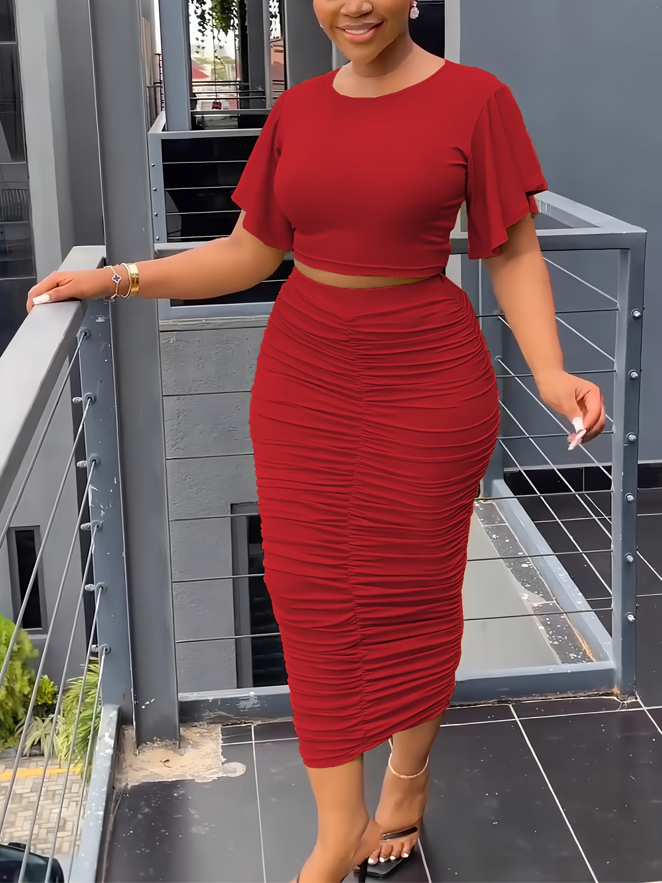T-shirt & Bodycon Skirts Solid Two-piece Set, Flared Sleeve T-shirt & Midi Skirts, Women's Clothing