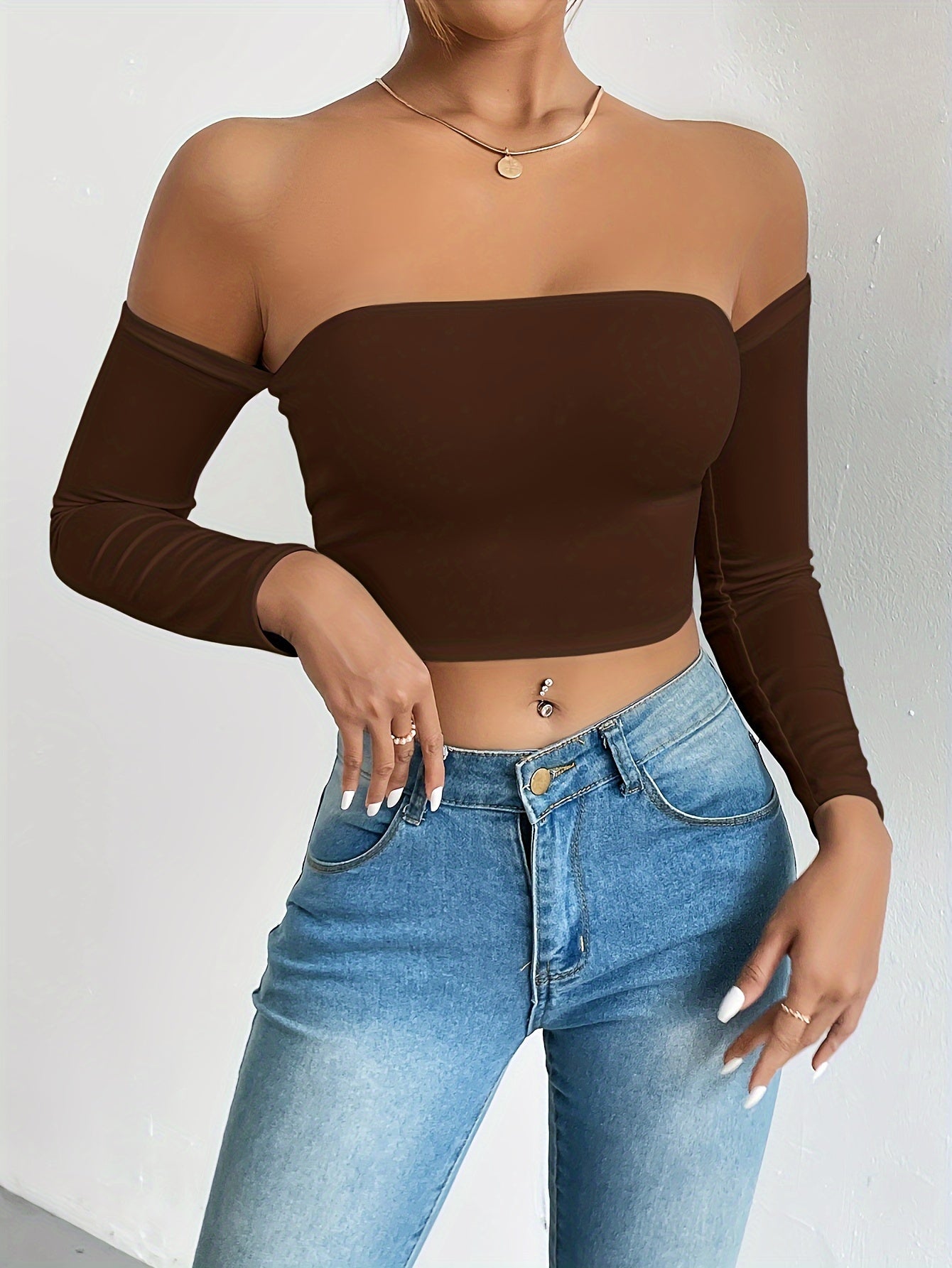 Solid Color Off-shoulder Crop Top, Sexy Long Sleeve Slim Top, Women's Clothing - Veloxea