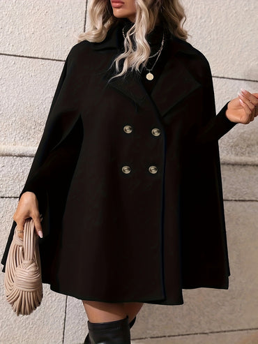 Solid Double Breasted Cloak Overcoat, Elegant Lapel Warm Winter Outwear For Fall & Winter, Women's Clothing