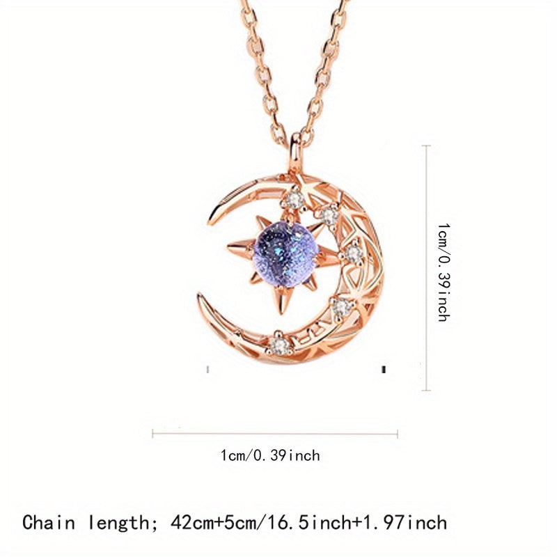Moon Star Pendant Necklace Inlaid Shiny Moonstone Dainty Clavicle Chain For Women - Veloxea