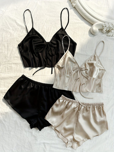 2 Sets Women's Elegant Solid Satin Pajama Set, Bow Tie Front V Neck Crop Cami Top & Shorts, Comfortable Relaxed Fit, Summer Nightwear - Veloxea