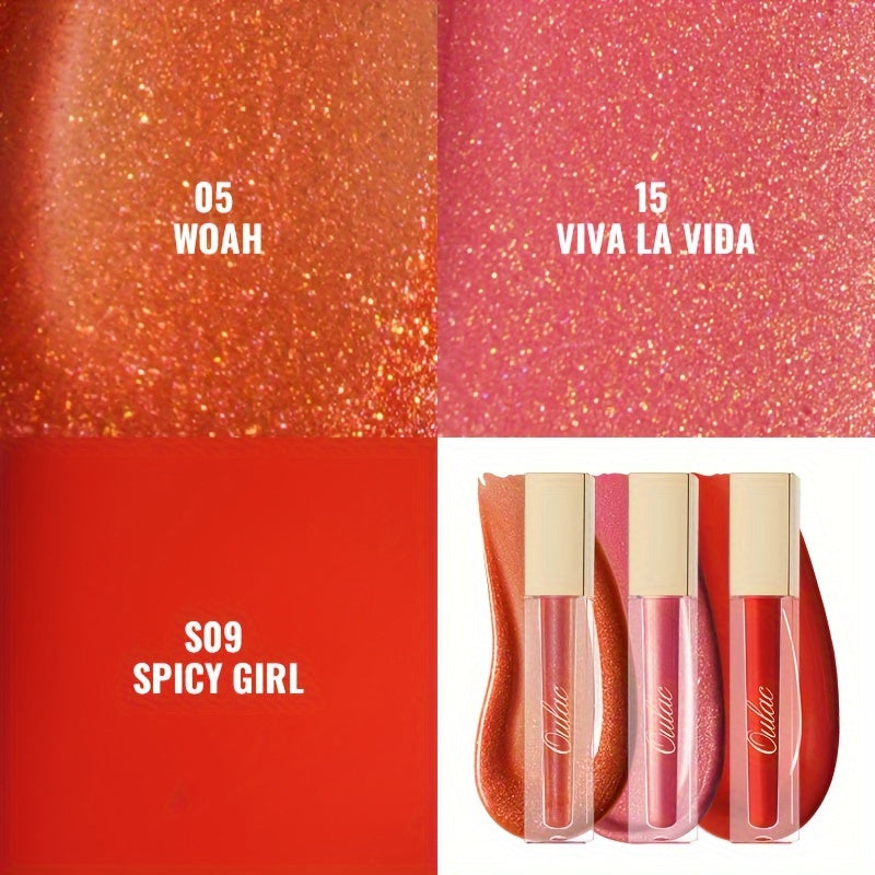 Oulac Glitter Hydrating Lipgloss 3PCS Set With Mirror Finish Moisturizing & Reduce Fine Lines Lip Oil Refuse Chapped Lips