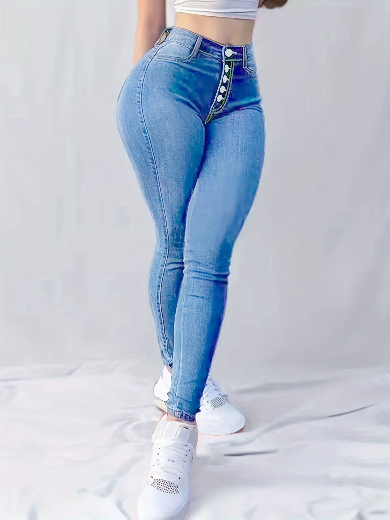 High-Waisted Skinny Jeans For Women, Stretch Denim, Single-breasted Button-Fly, Slim Fit, Sexy Style, Ankle-Length Pants - Veloxea