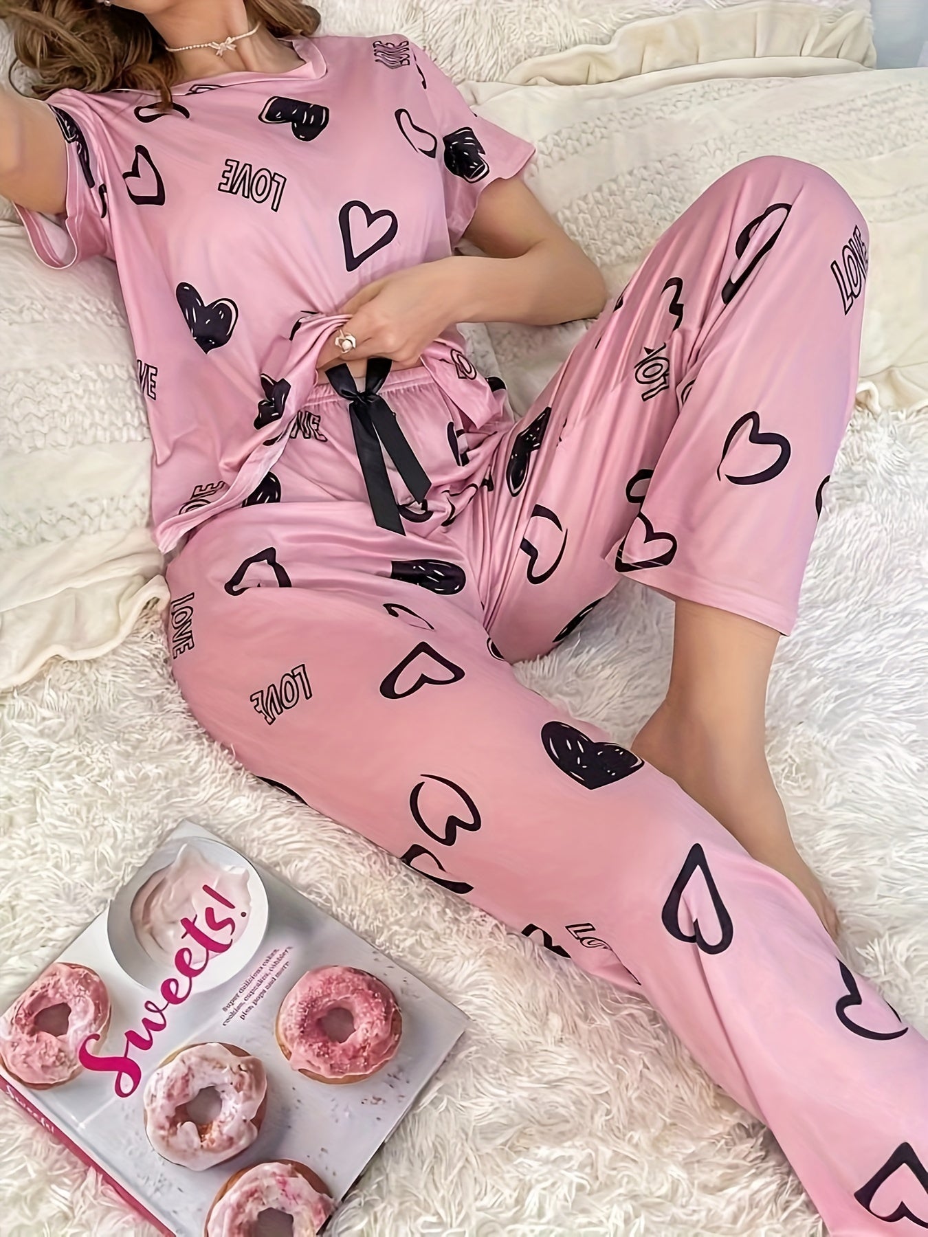 Casual Heart & Letter Print Pajama Set, Short Sleeve Crew Neck Top & Elastic Pants For Valentine's Day, Women's Sleepwear & Loungewear