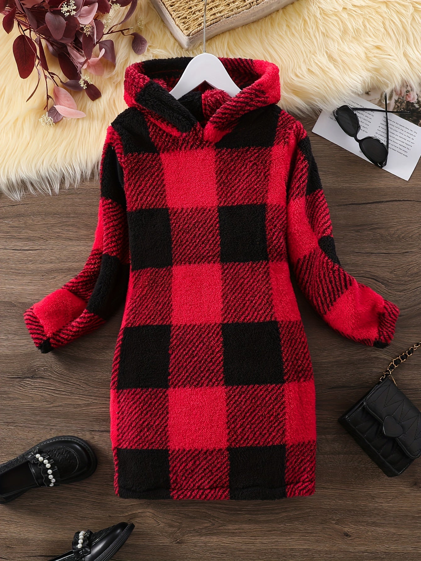 Plaid Long Sleeve Hooded Dress Girls Comfy Dress Fall Winter Christmas Gift - Veloxea
