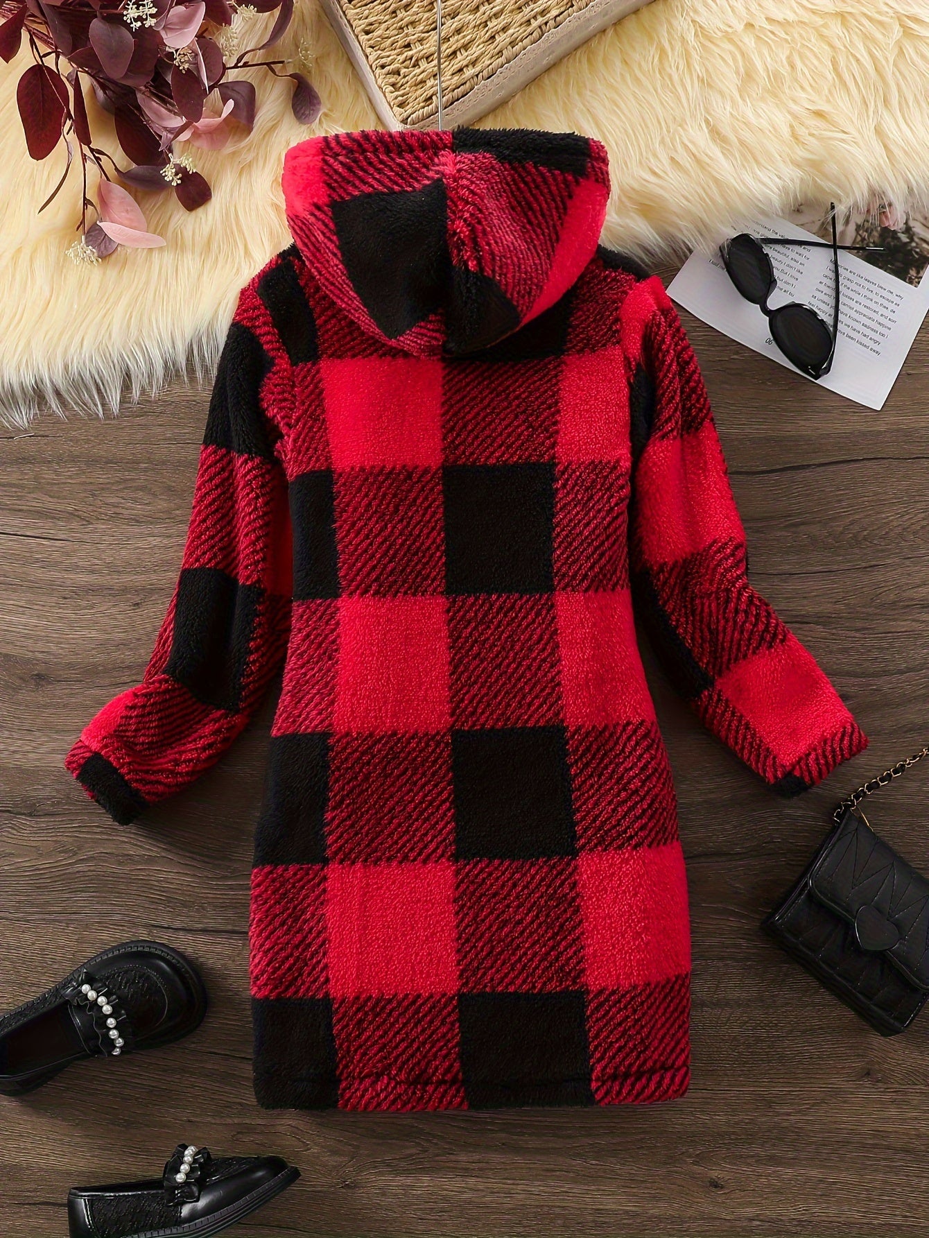 Plaid Long Sleeve Hooded Dress Girls Comfy Dress Fall Winter Christmas Gift - Veloxea