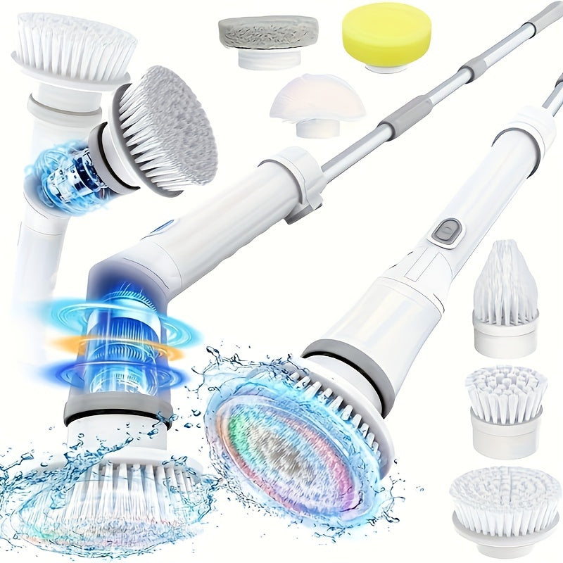 Electric Cleaning Brush, Electric Rotary Floor Scrubber, Wireless Electric Rotary Scrubber, Replaceable 6 Brush Heads And Adjustable Extension - Veloxea