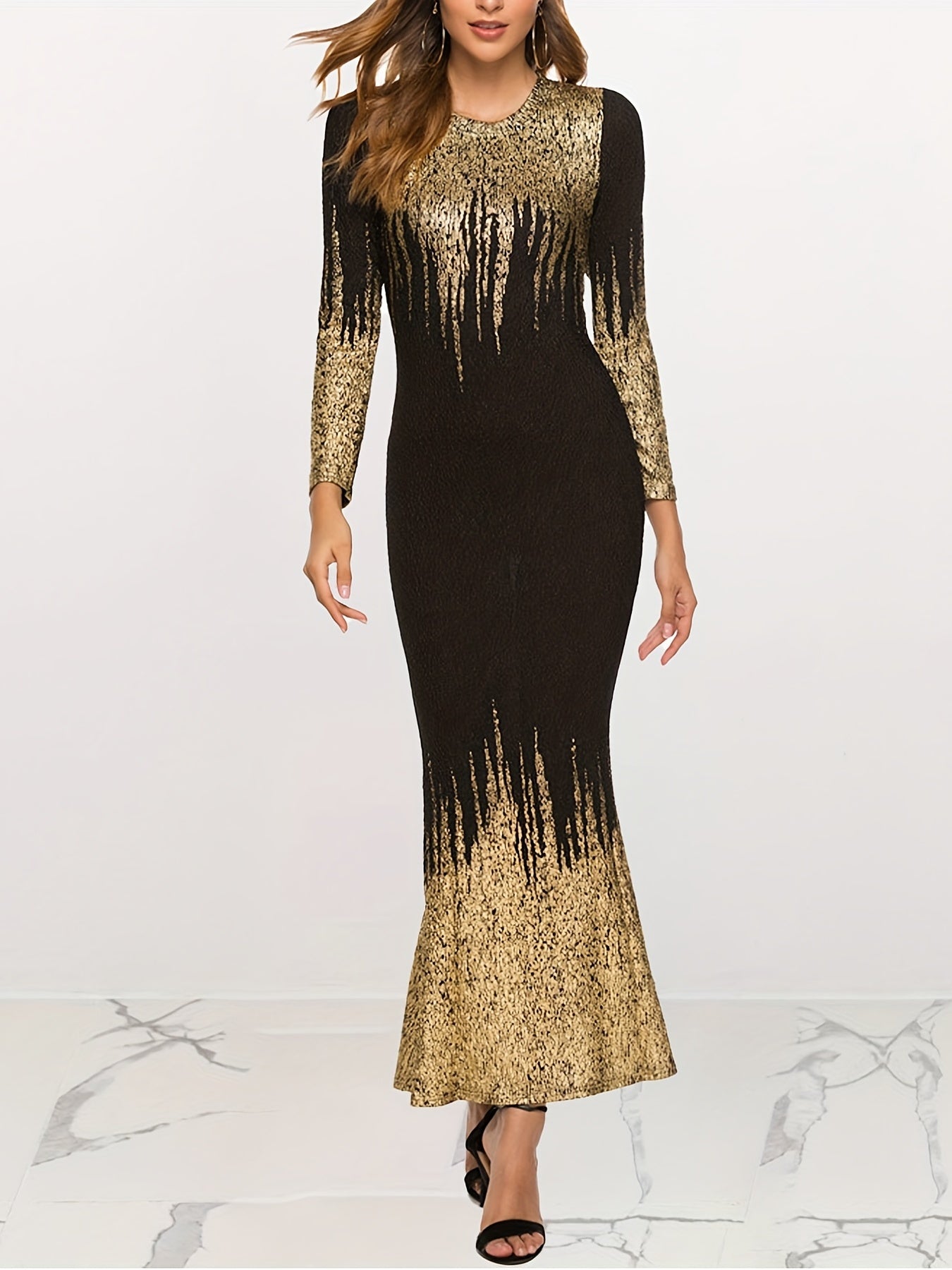 Bronzing Print Bodycon Dress, Elegant Crew Neck Long Sleeve Dress, Women's Clothing