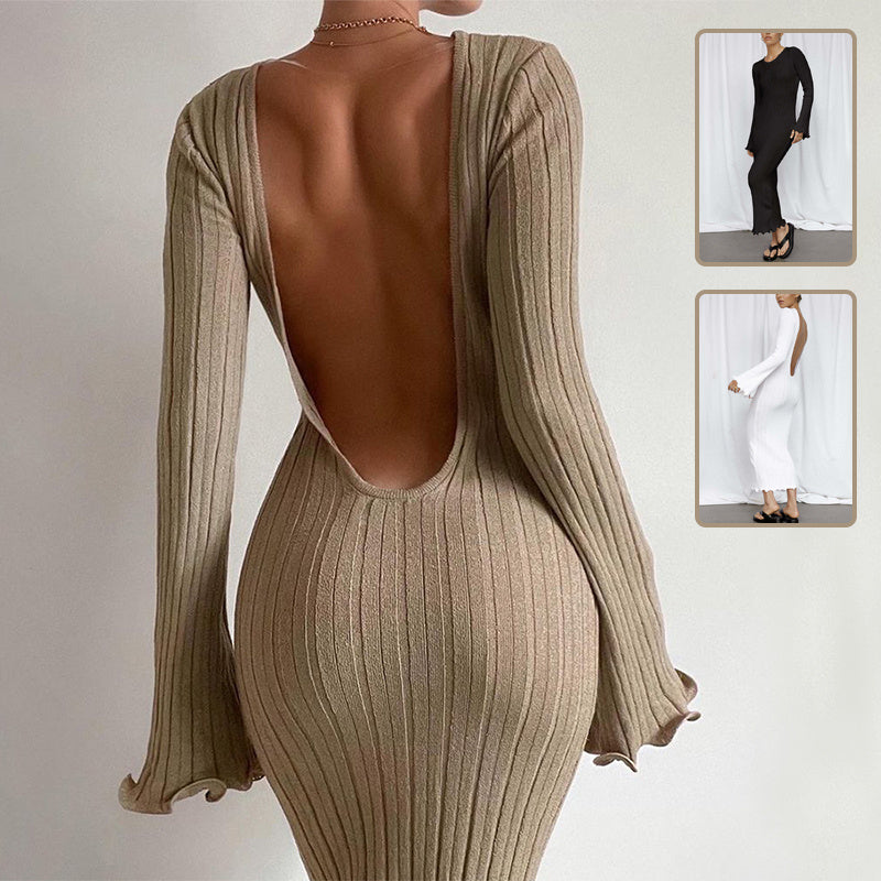 Slim Long-sleeved Ruffled Dress Sexy Hip-wrapped Back-less Knitted Dresses