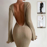 Slim Long-sleeved Ruffled Dress Sexy Hip-wrapped Back-less Knitted Dresses