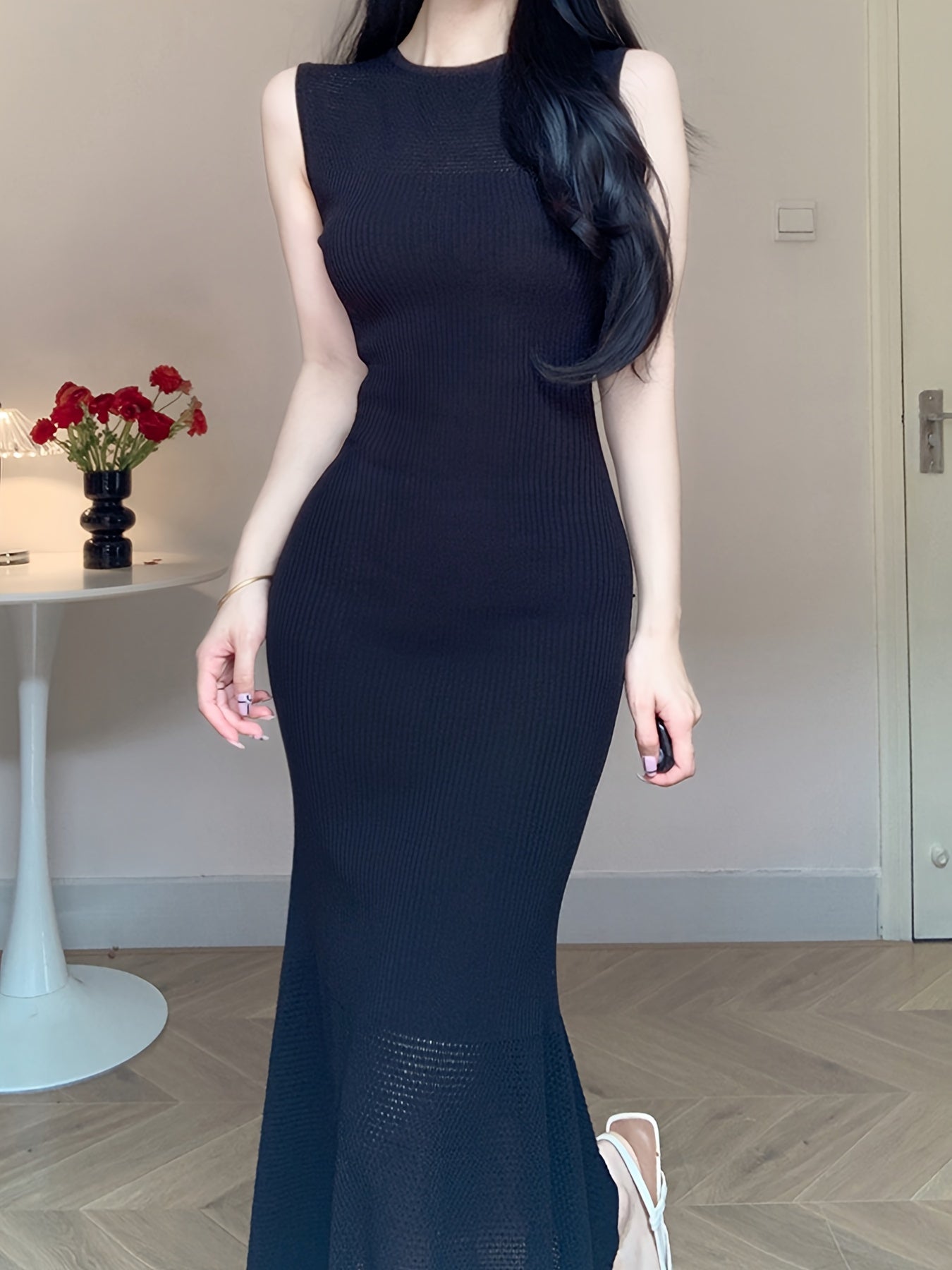 Solid Mermaid Hem Pointelle Detail Dress, Elegant Sleeveless Crew Neck Dress, Women's Clothing