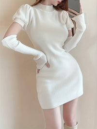 Ribbed Solid Mini Dress, Elegant Mock Neck Dress For Party & Banquet, Women's Clothing